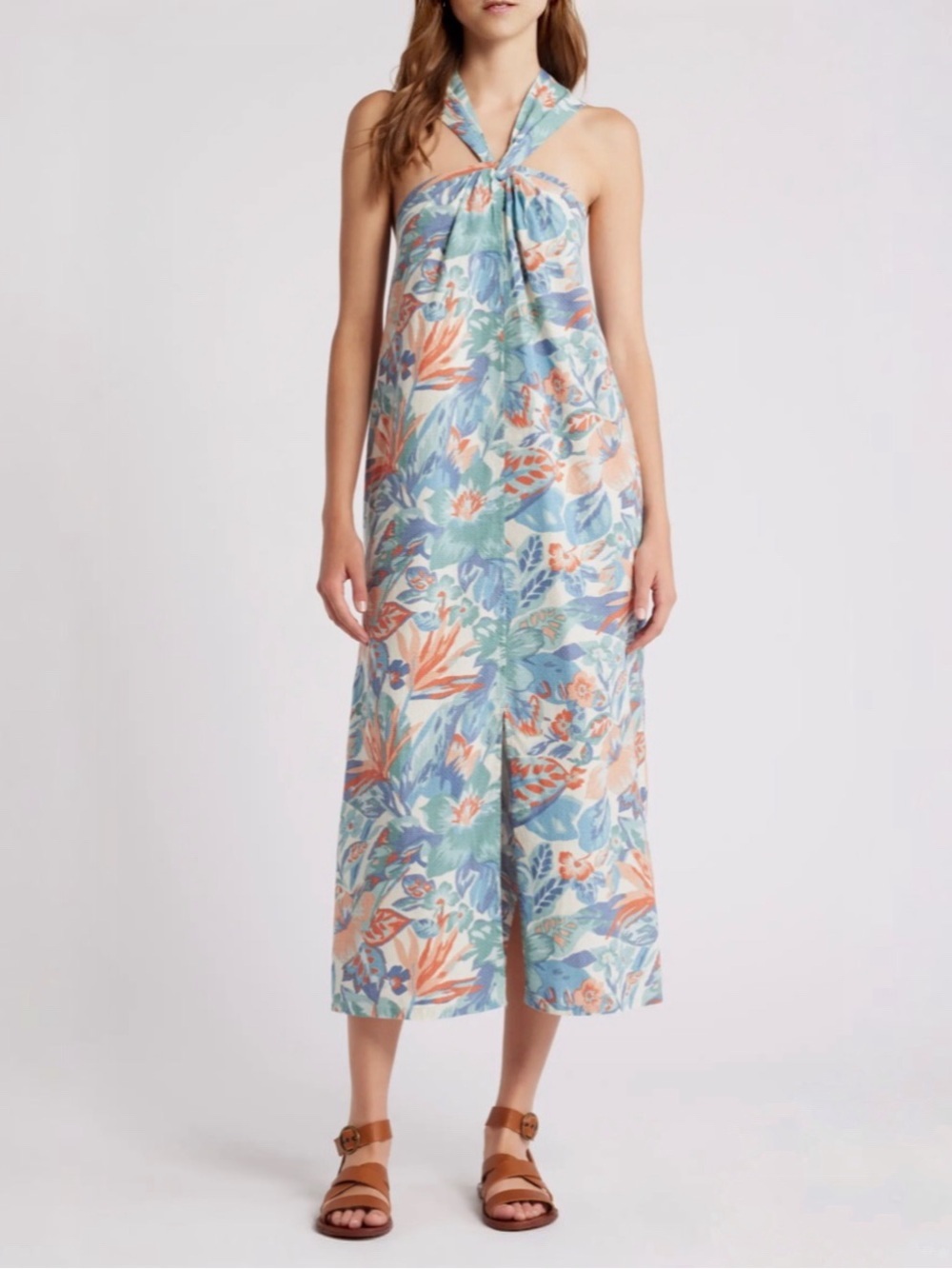 Faherty Bay Twist Seersucker Halter Midi Dress Floral Pastel Blue & Coral Sz XL